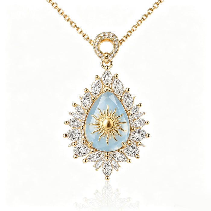 Golden Celestial Sunburst Blue Chalcedony Pendant Necklace